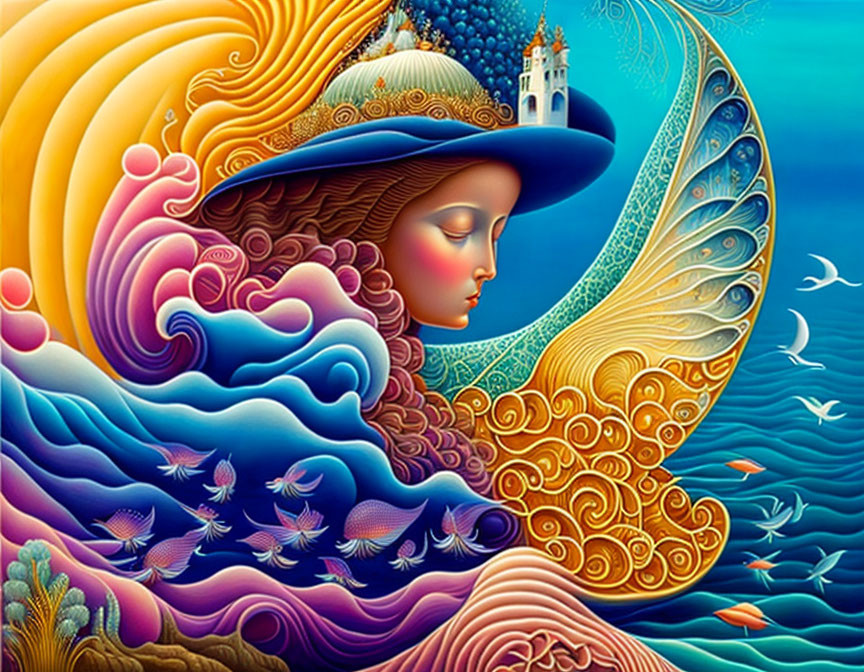 Vibrant woman profile art with ocean, waves, marine life, lighthouse elements