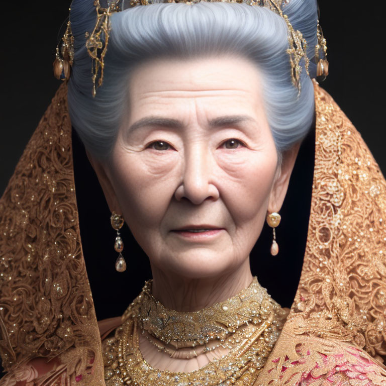 Elderly woman with grey hair and golden jewelry in brocade shawl portrait