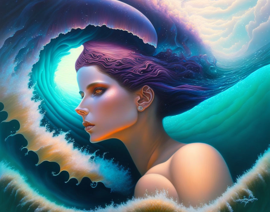 Surreal portrait of a woman with cosmic wave background in blue and turquoise