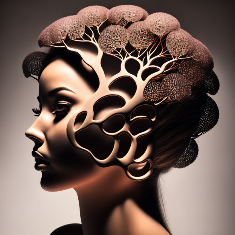 Woman's side profile with tree brain illustration: stylized branches and foliage