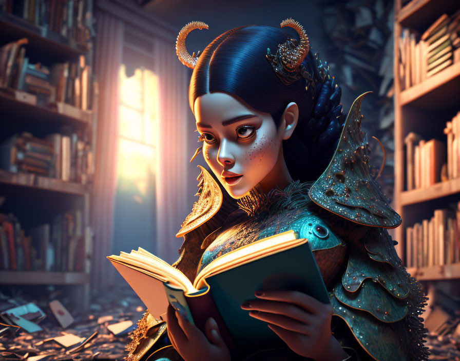 Fantasy-inspired female character with horns and ornate armor reading a glowing book in dim, bookshelf