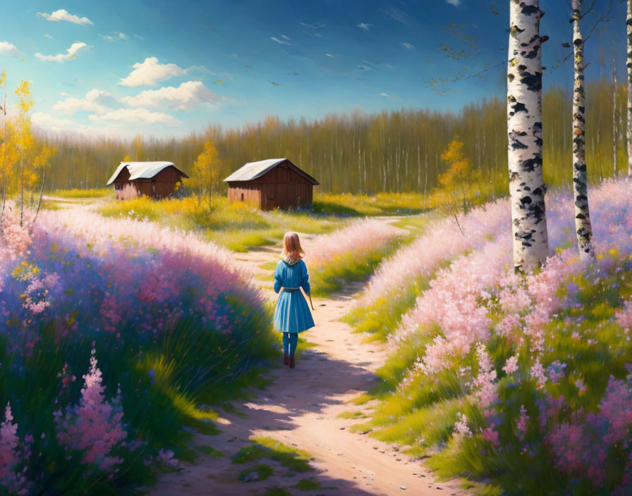 Young girl in blue dress walking through serene meadow with pink flowers towards wooden cabins under clear sky