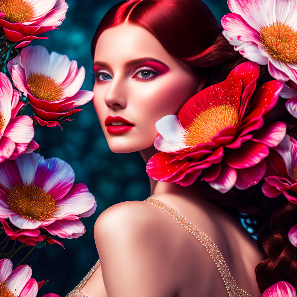 Red-haired woman with vibrant makeup amidst colorful flowers on blue backdrop