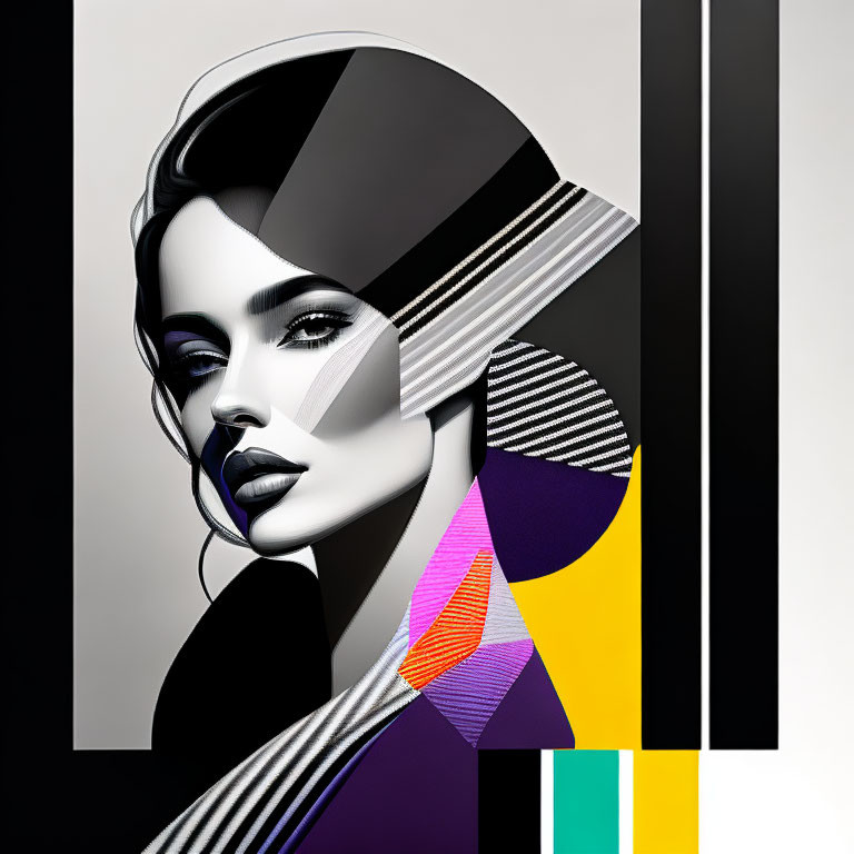 Stylized female face art with monochrome tones and geometric shapes