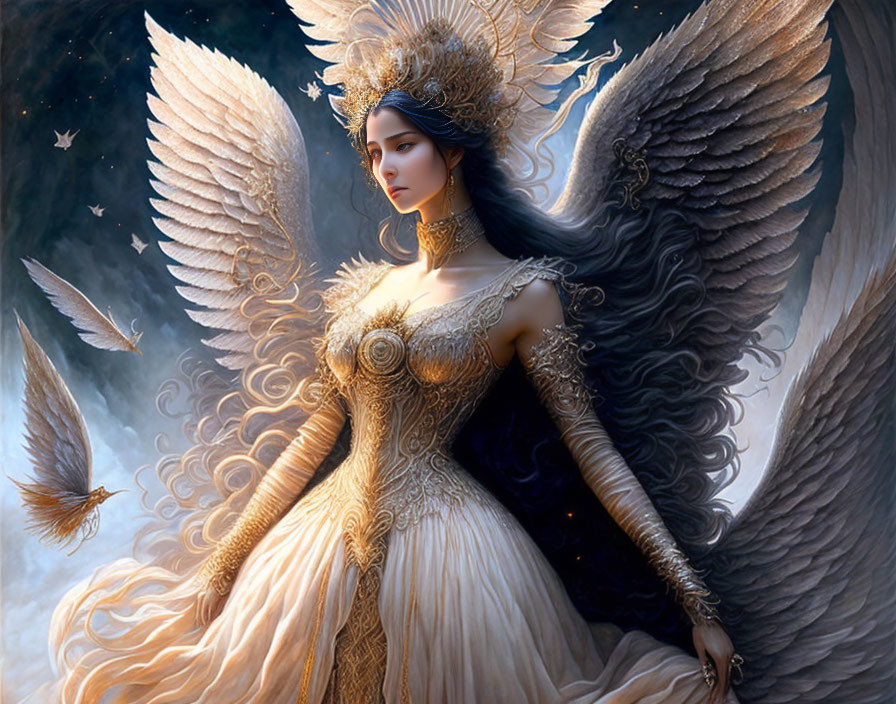 Golden-gowned winged female figure emanates ethereal grace surrounded by light and feathers