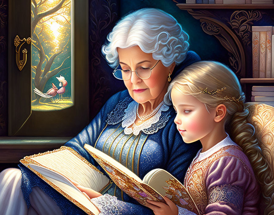 Elderly woman reading book to young girl in cozy setting