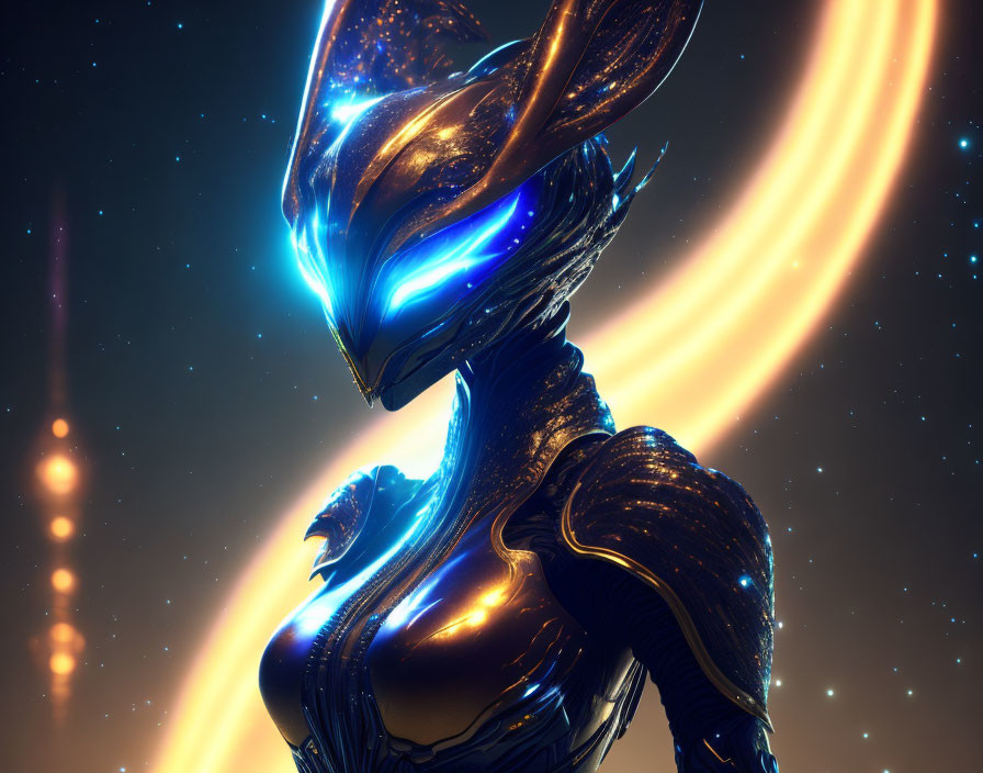 Futuristic humanoid figure in metallic suit against cosmic backdrop