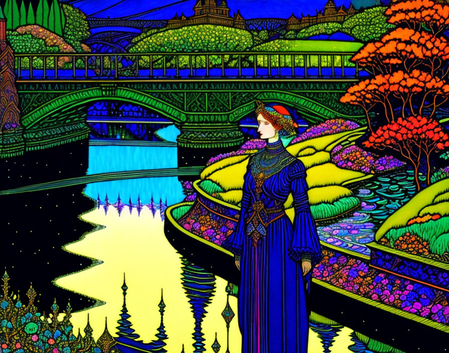 Medieval woman in vibrant riverside scene at night