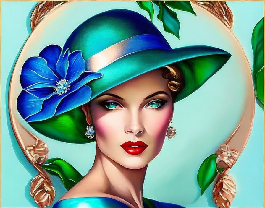 Portrait of Woman with Striking Makeup in Teal Hat and Earrings