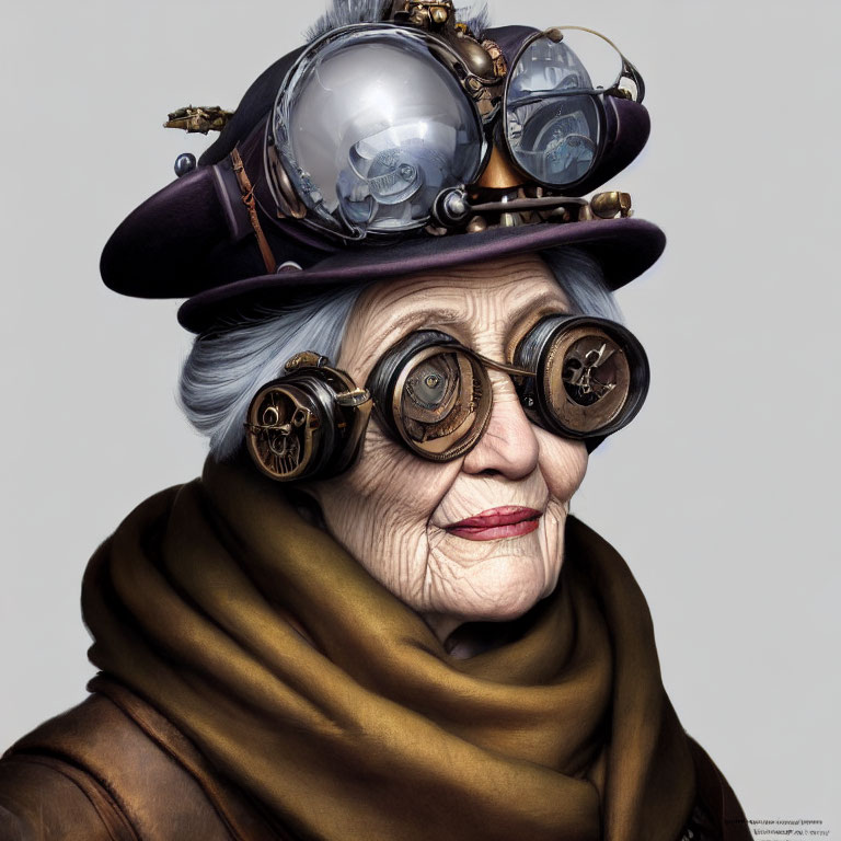 Elderly Woman in Steampunk Attire with Goggles and Gear-Adorned Hat