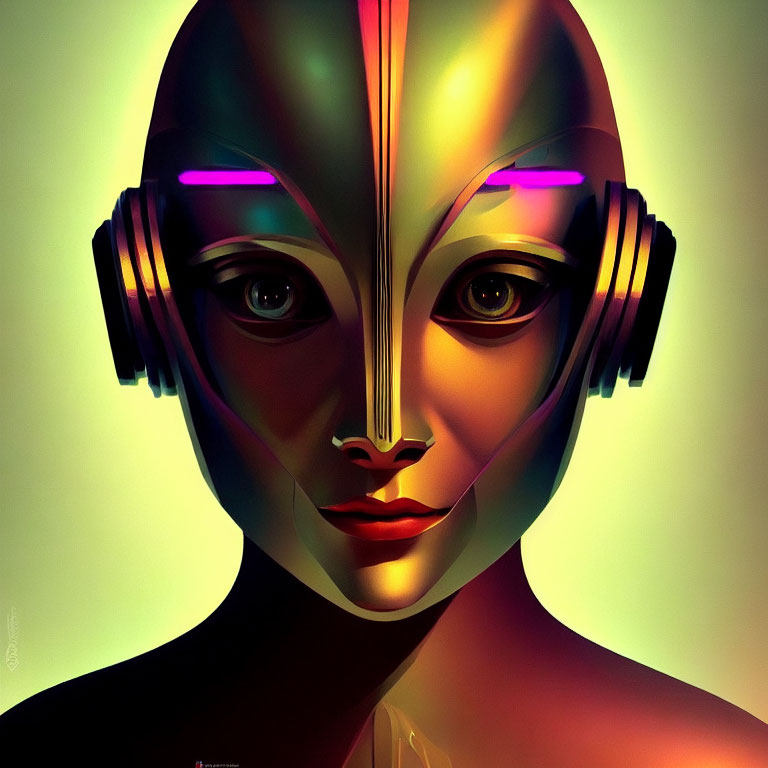 Symmetrical humanoid face with headphones and neon accents