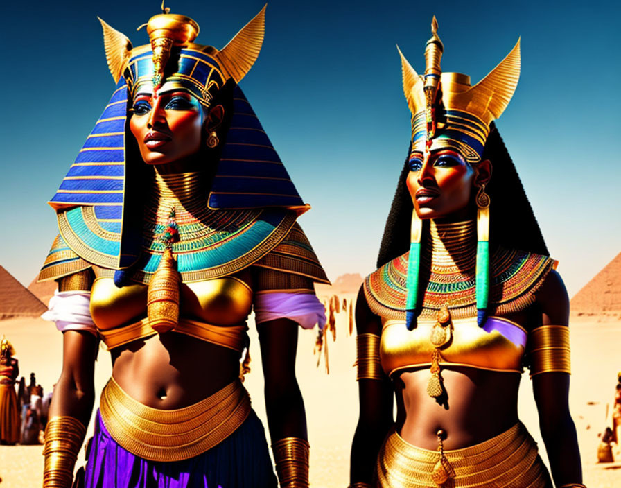 Ancient Egyptian-style Costumes with Desert Pyramid Backdrop