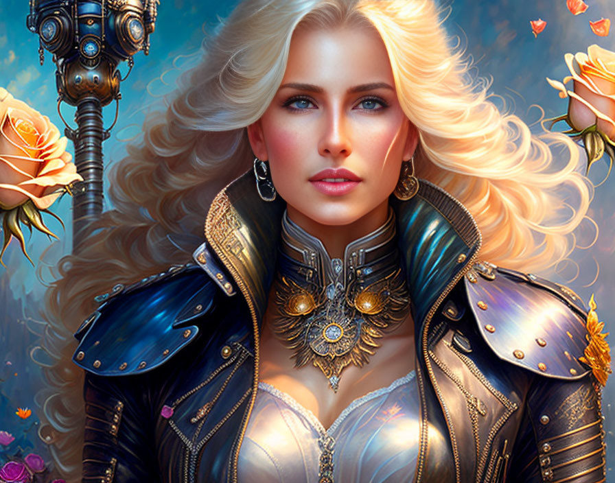 Blonde Woman in Fantasy Armor with Mechanical Arm and Roses