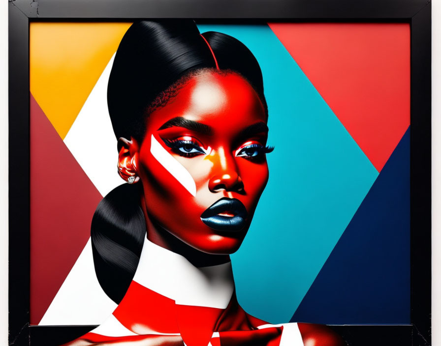 Vibrant geometric background frames woman with bold makeup