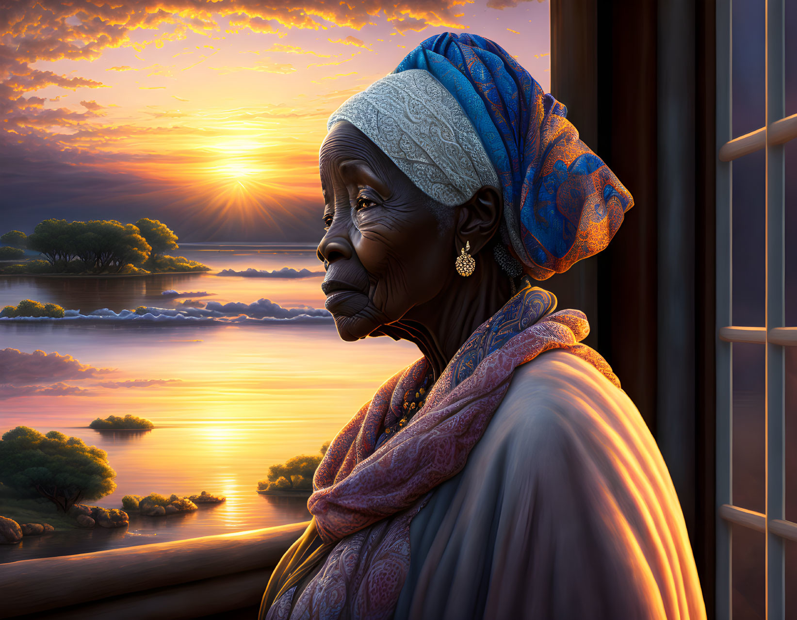Elderly Woman Contemplating Sunset by River