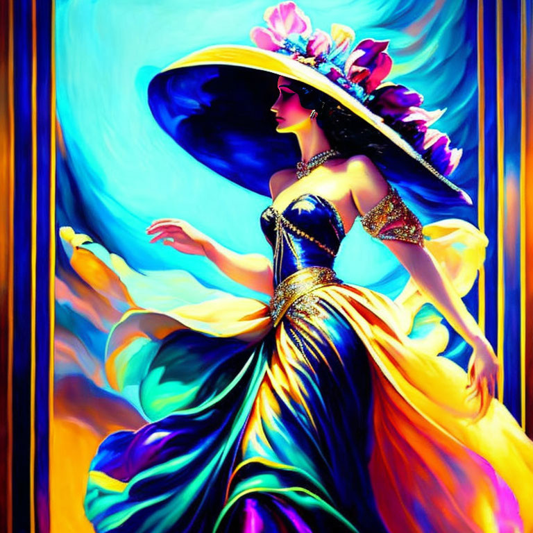 Colorful portrait of a woman in floral hat and flowing dress on blue backdrop