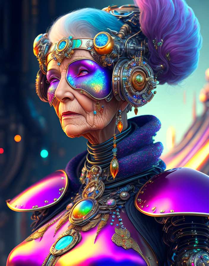 Elderly Woman with Violet Hair in Futuristic Attire and Golden Accessories