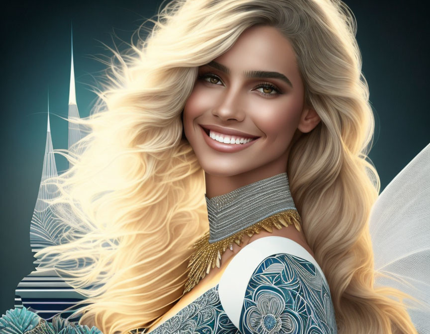 Blonde woman with angelic wings and futuristic background portrait