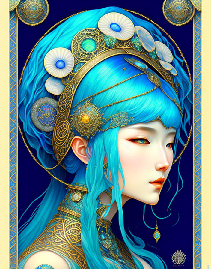 Detailed Portrait of Woman with Blue Hair and Golden Headdress