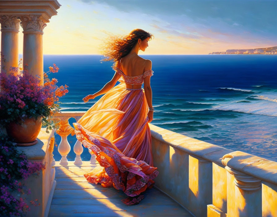 Woman in Orange Dress on Seaside Balcony at Sunset