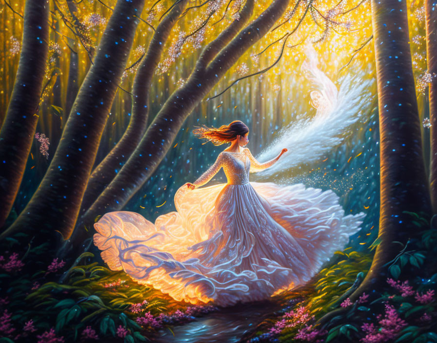 Woman in luminous gown dances in enchanted forest with glowing light and blooming flowers