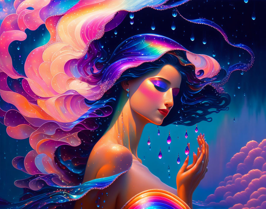 Colorful flowing hair woman in cosmic background