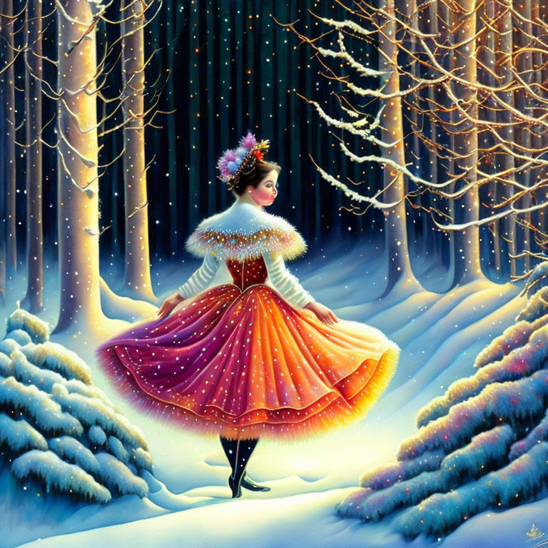 Woman in glowing dress in snowy forest with illuminated trees under starry sky