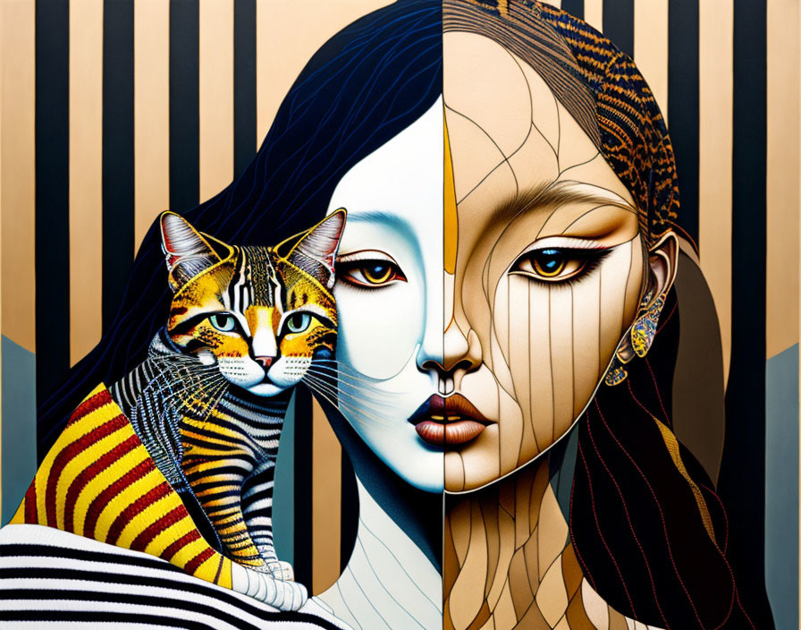 Geometric woman-cat fusion art with bold lines and blue-gold tones