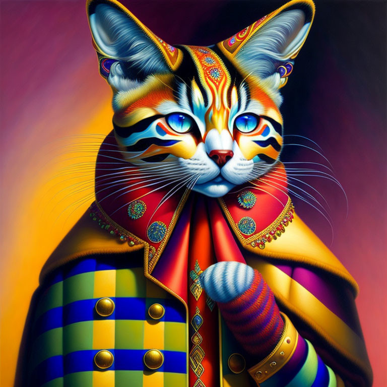 Colorful Cat Painting with Psychedelic Patterns and Regal Cloak