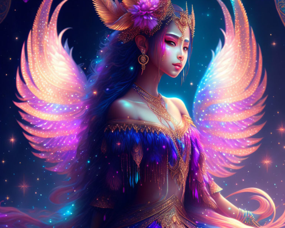 Fantasy illustration of female figure with radiant wings and golden-purple attire