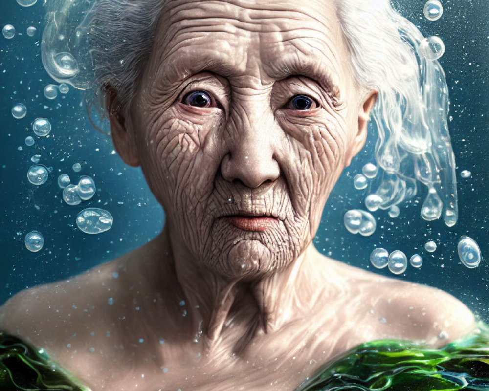 Elderly woman with white hair submerged in water with bubbles