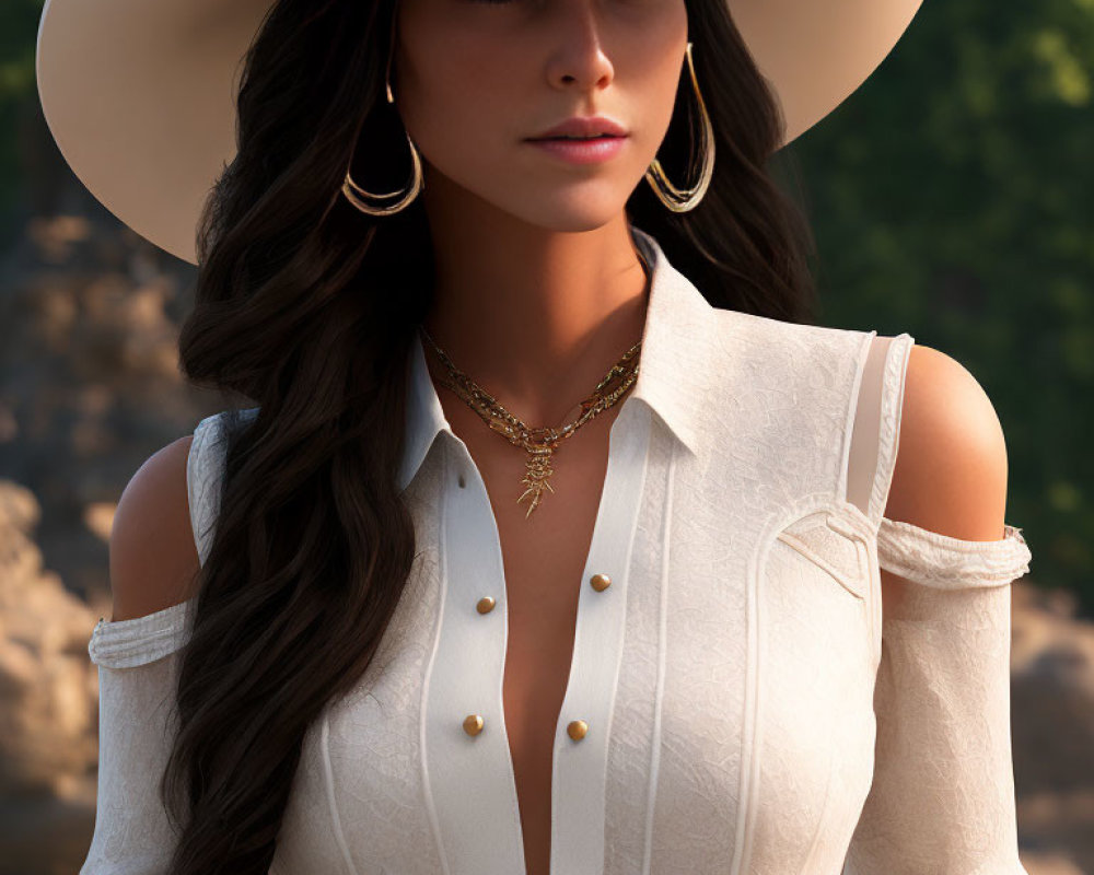 Woman in Wide-Brimmed Hat and White Blouse Artwork