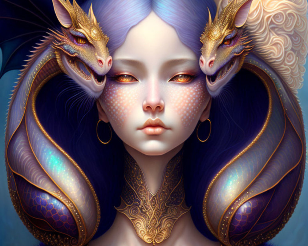 Fantastical portrait: Person with lilac hair, two dragon companions, ornate gold jewelry,