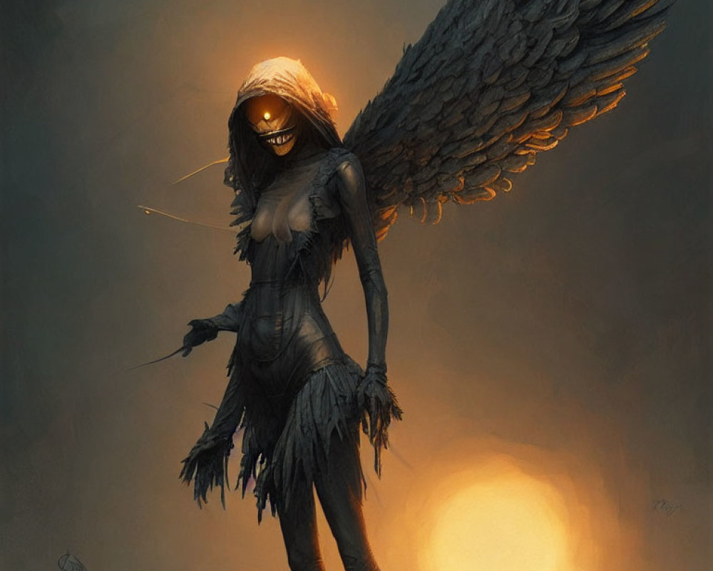 Mystical figure with large wings, ragged cloak, and glowing eyes against hazy backdrop