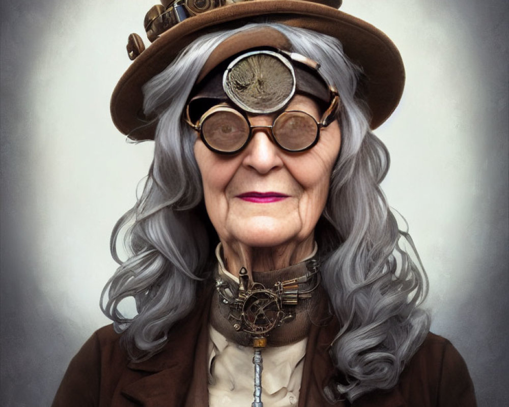 Elderly woman in steampunk attire with goggles, top hat, and mechanical necklace