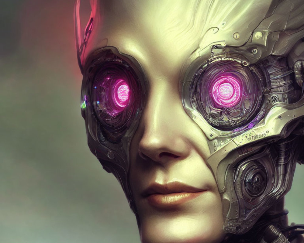 Detailed Digital Art: Humanoid Robot with Realistic Female Face, Metallic Head, Purple Glowing Eyes