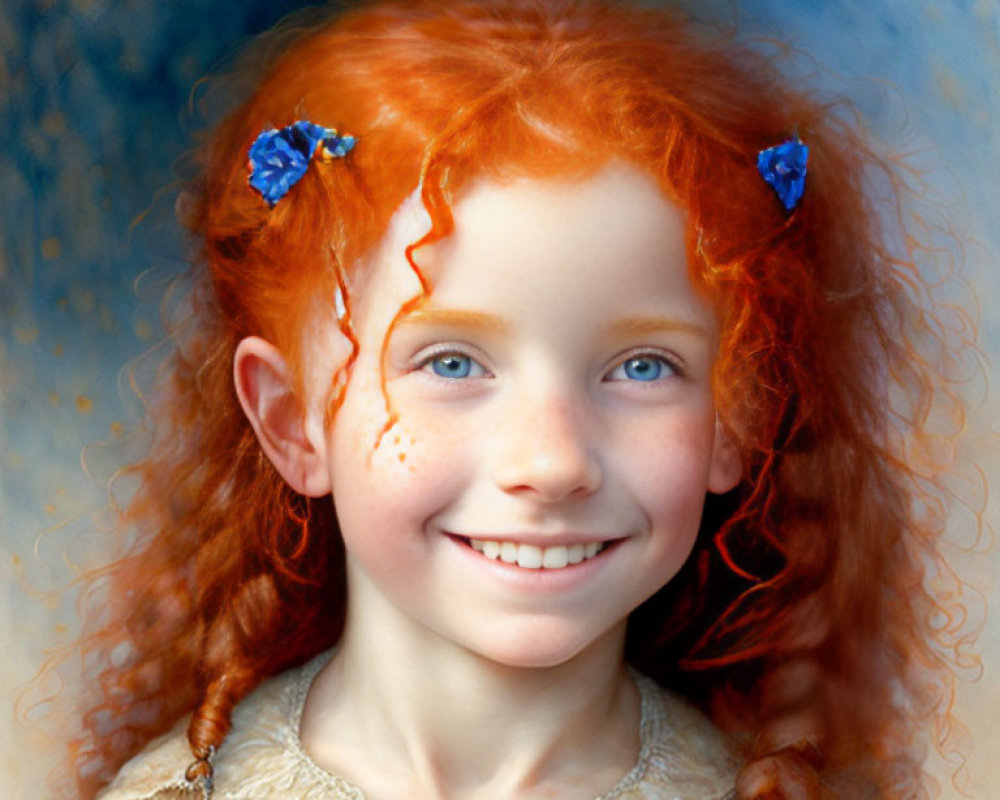 Smiling girl with red curly hair, blue flowers, freckles, vintage cream dress