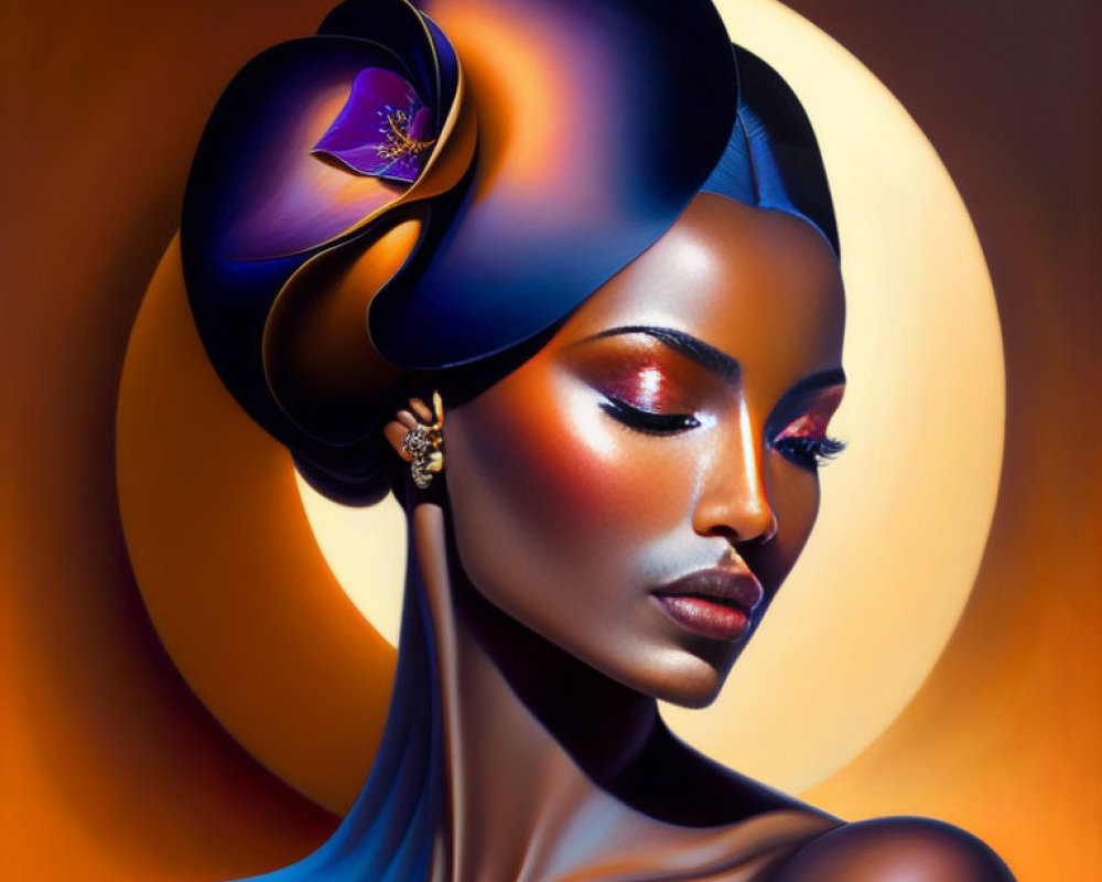 Vibrant warm tones in artistic portrait of woman with stylized makeup and elaborate flower-like hat.