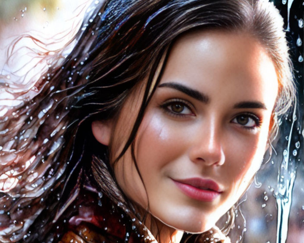 Woman with wet hair and leather jacket gazes through rain-splattered window