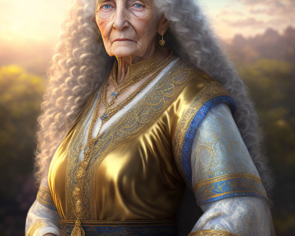 Elderly woman in regal attire with long white hair