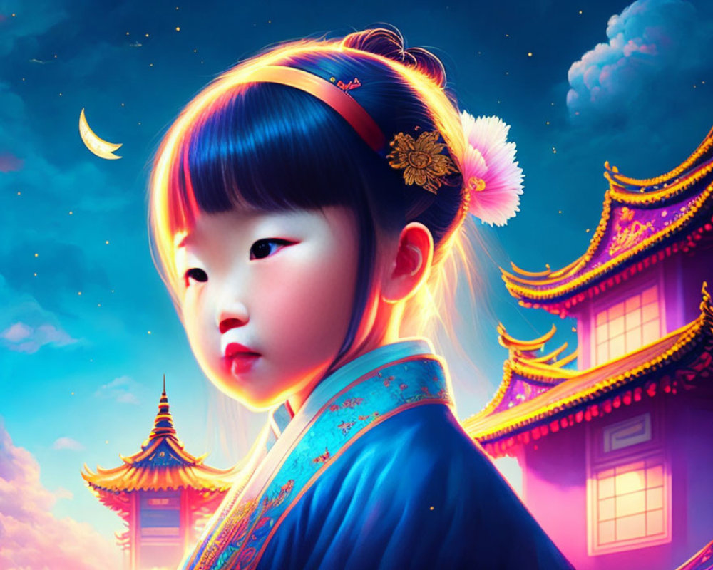 Young girl in traditional Asian attire with moon and temples in vibrant background