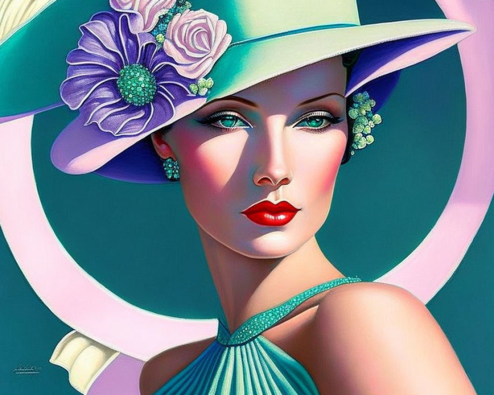 Woman with Striking Makeup and Elegant Hat on Geometric Background