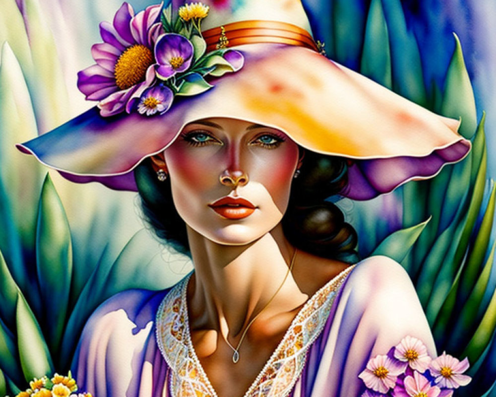 Vibrant botanical illustration of woman in floral hat and necklace