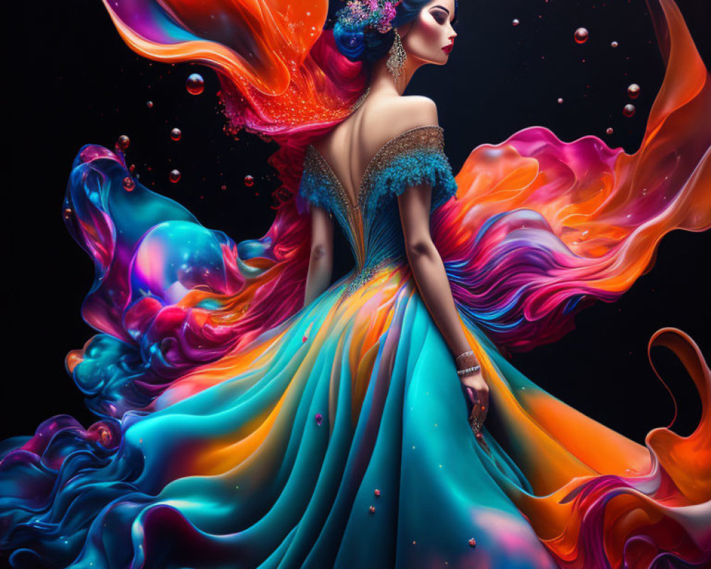 Colorful digital artwork: Woman with flowing multicolored hair and dress on dark background