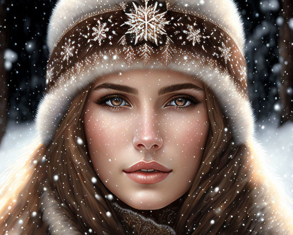 Woman with Striking Eyes in Winter Scene with Falling Snowflakes