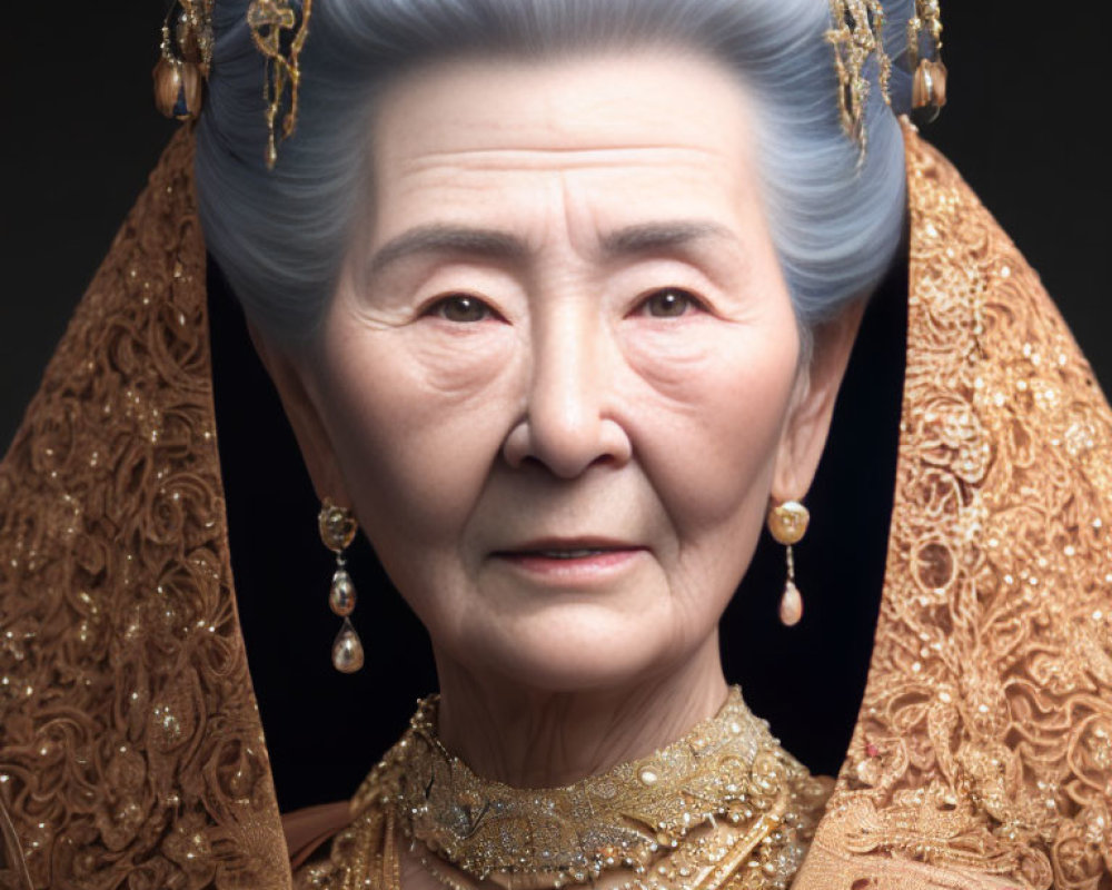 Elderly woman with grey hair and golden jewelry in brocade shawl portrait