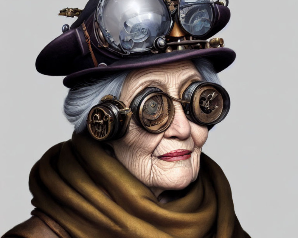 Elderly Woman in Steampunk Attire with Goggles and Gear-Adorned Hat