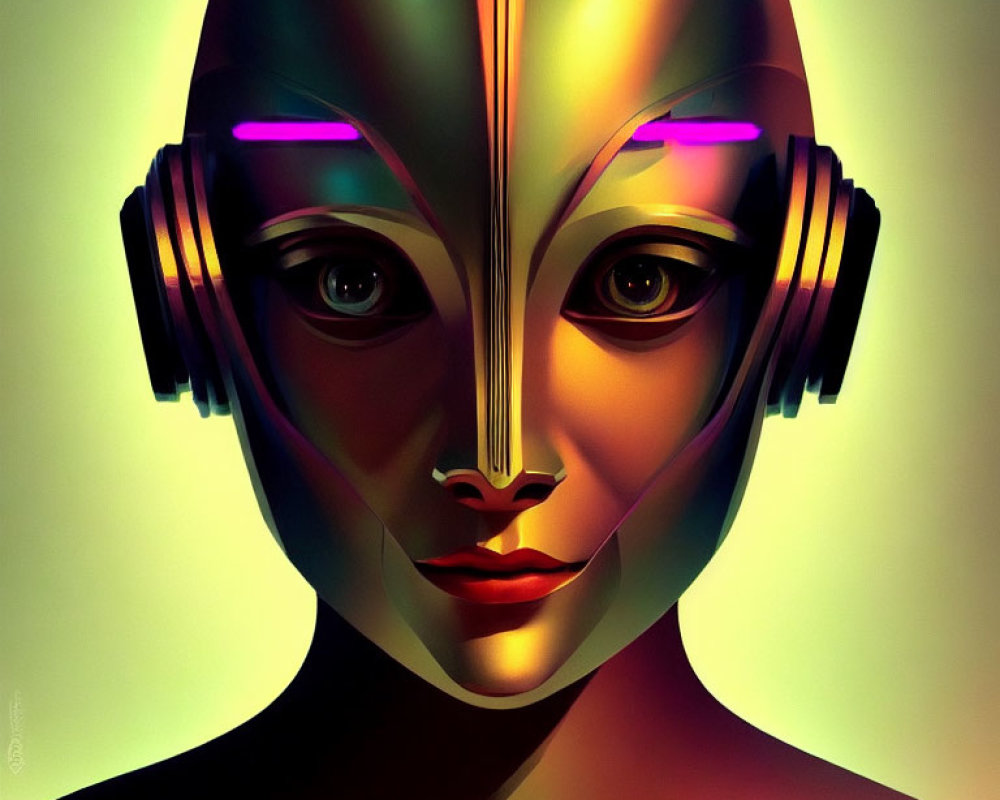 Symmetrical humanoid face with headphones and neon accents