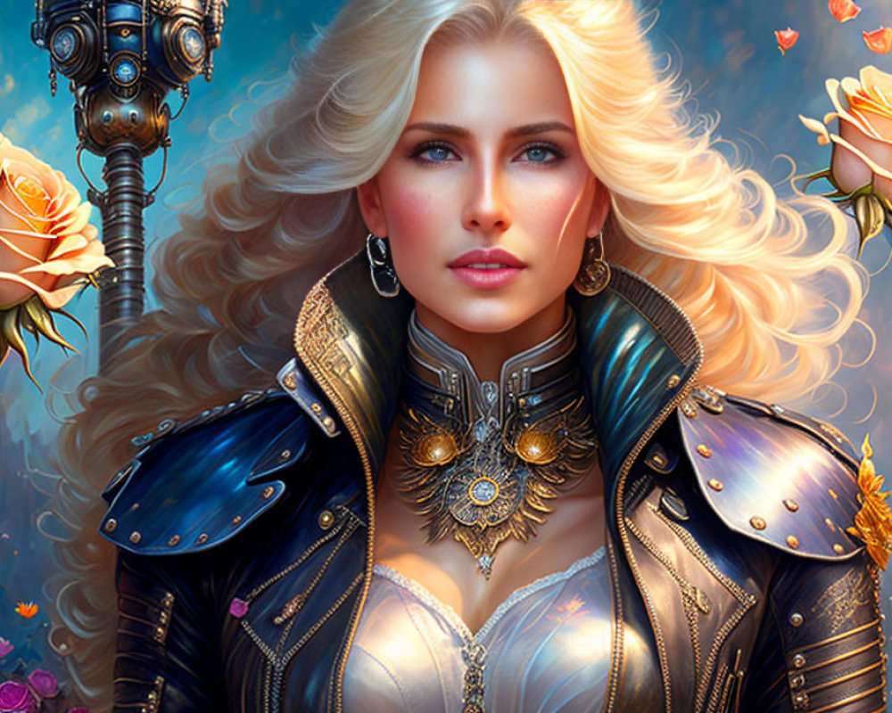 Blonde Woman in Fantasy Armor with Mechanical Arm and Roses