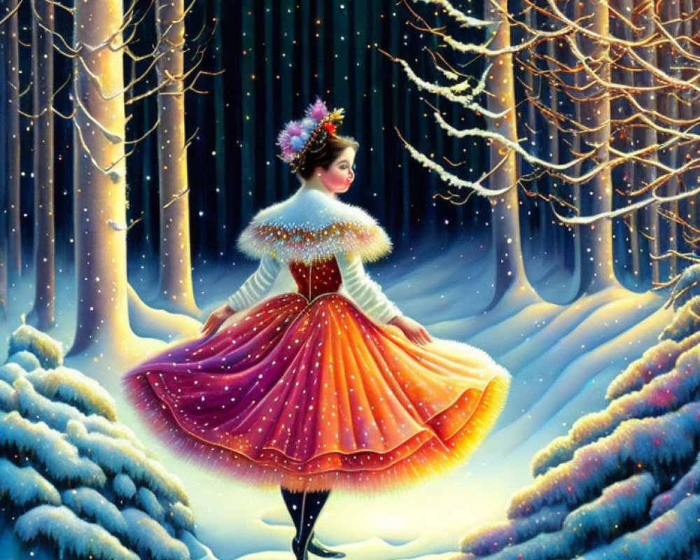 Woman in glowing dress in snowy forest with illuminated trees under starry sky